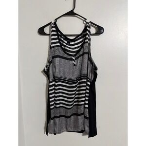 George Womens Black White Striped Henley Tank Top Mixed Media Plus 1X 16W
